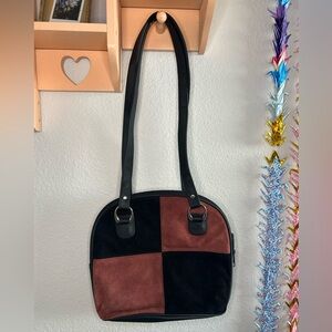 Two-Tone Black and Red Suede Checkered Purse